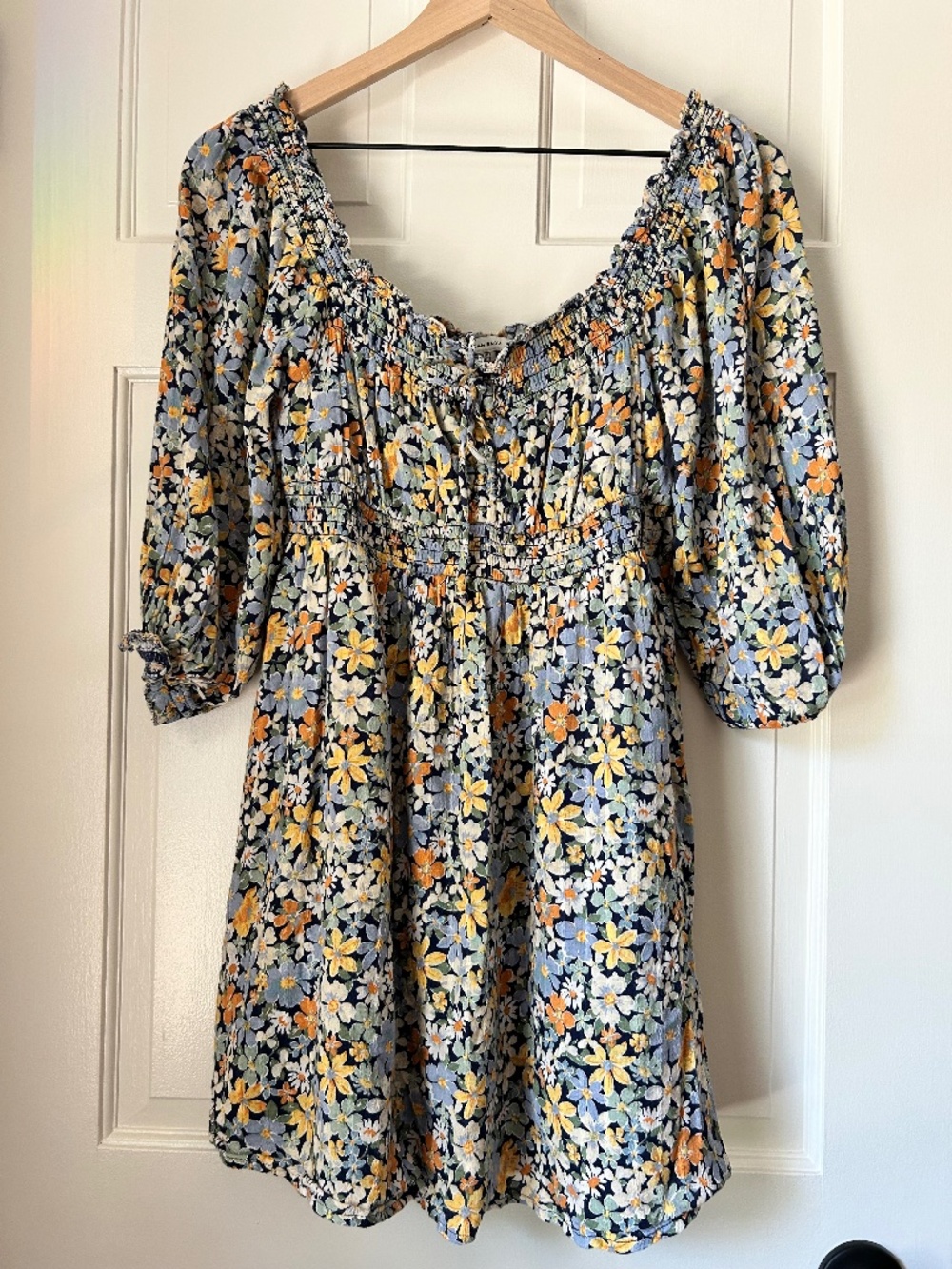 American Eagle Floral Smocked Puff Sleeve Mini Dress Boho - Picture 2 of 7